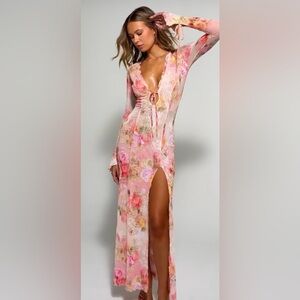 RESA Lennon Maxi Dress in Aspen - XS Pink Floral Sheer Dress